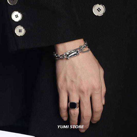 Trend Black Zircon Titanium Steel Bracelet For Men Women Korea Kpop Silver Color