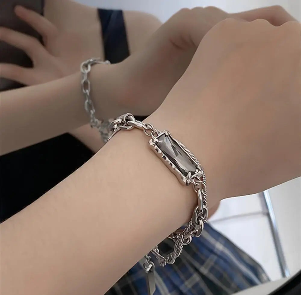 Trend Black Zircon Titanium Steel Bracelet For Men Women Korea Kpop Silver Color