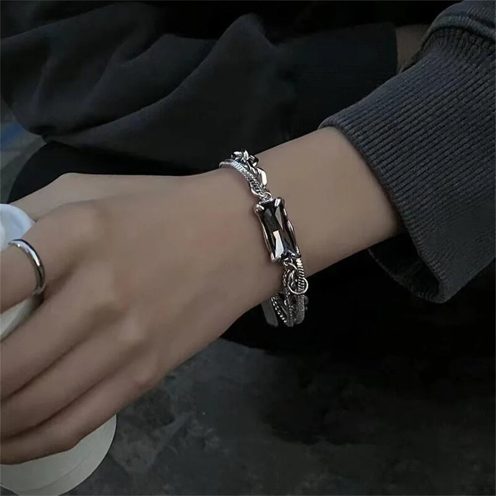 Trend Black Zircon Titanium Steel Bracelet For Men Women Korea Kpop Silver Color