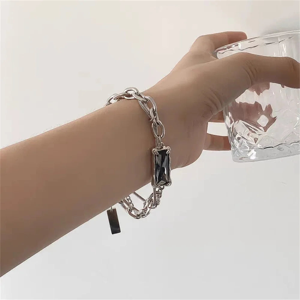 Trend Black Zircon Titanium Steel Bracelet For Men Women Korea Kpop Silver Color